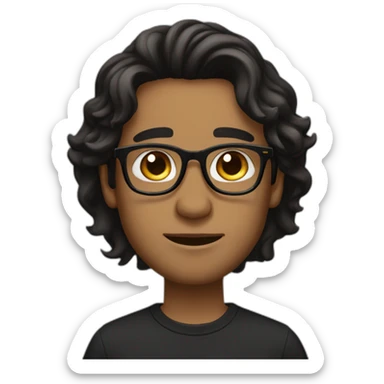 Brown guy, black eyes, black long wavy hair, no facial hair, thin long nose, round glasses, black t shirt sticker