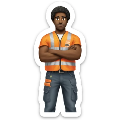 sad Black Male with Small Afro from Home Depot wearing orange pro loader vest pushing orange home depot carts sticker