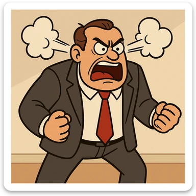 enraged male boss, business suit, steam coming from ears, cartoonish, dramatic pose sticker