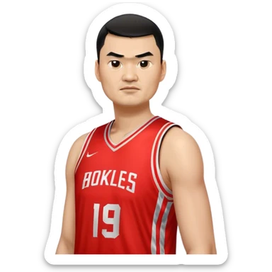 Yao Ming – Cinematic Realistic Portrait of Yao Ming, depicted as a towering basketball icon in a modern uniform, with a gentle yet determined expression and dynamic arena lighting that highlights his immense stature and graceful athleticism. sticker