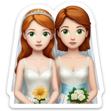 A ginger woman with blue eyes, marrying a taller, pale woman with very dark brown hair and green eyes, both in wedding dresses. sticker