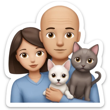Bald guy with brunette girl and white puppy and Grey cat sticker