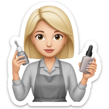 female nail master with small gel polish in hand in grey apron  sticker