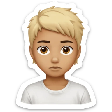 caramel skin color. Teen age. Short buzz, messy blonde hair, dark brown bushy eyebrows large expressive golden-brown eyes, brown skin color, scar over nose, wearing a plain white t-shirt. sticker