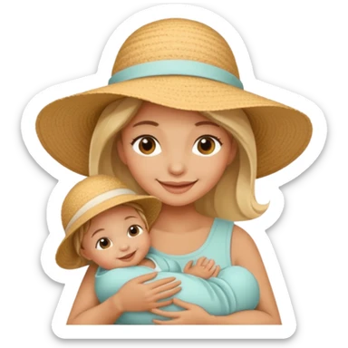 A mom in a sunhat holding her baby gently while smiling softly. sticker