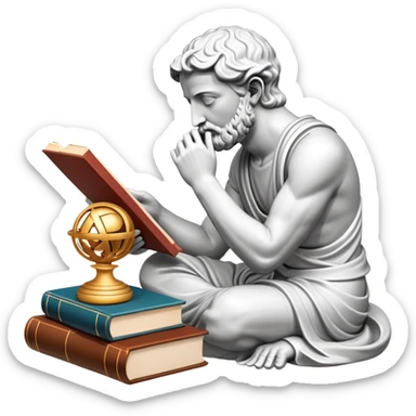 An icon featuring a Thinker statue, a scroll, symbolizing philosophy. The design includes books and abstract symbols representing deep thought and wisdom. Transparent background highlights the study of ideas, logic, and existential questions sticker