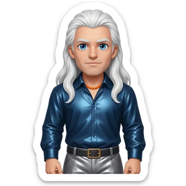 Odin from Norse Mythology with blue eyes, long white hair, dark blue metallic shirt, grey metallic baggy pants, orange necklace sticker