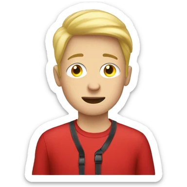 blond teenage boy with red shirt looking through binoculars sticker