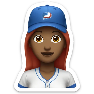 front facing standing up female coach with long red hair, wearing a white t-shirt and a simple baseball blue hat sticker