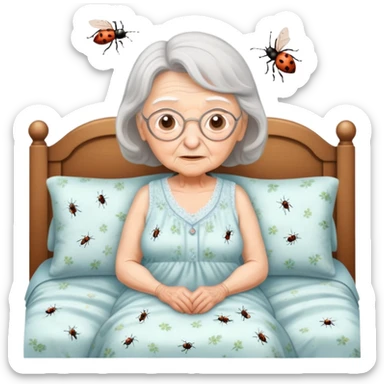 A ugly grandma with bugs on her bed sticker