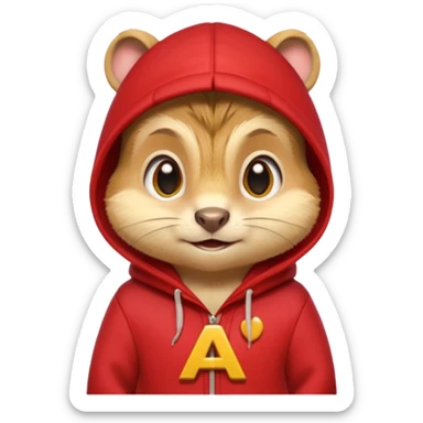 Portrait of a cartoon chipmunk with light brown and beige fur, wearing a red hoodie with a yellow 'A' on it, big round eyes, small nose, and a mischievous grin, front-facing, stylized in animated movie style sticker