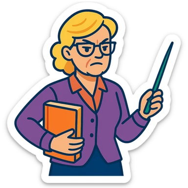 strict and fair senior category math teacher, blonde woman with glasses, vibrant toon style sticker
