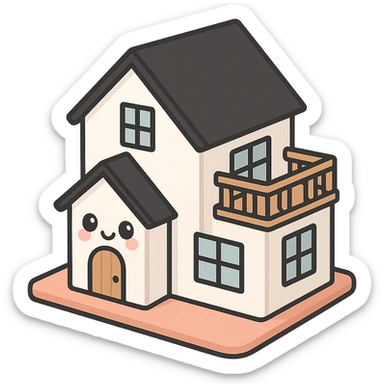 modern farmhouse dollhouse, white with black trim and wooden accents, 3d isometric  sticker