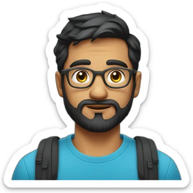 indian physics phd student with a short beard and round glasses in a blue t shirt with black hair and a laptop bag sticker