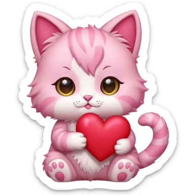 chibi anime pink cat holding a big heart sticker