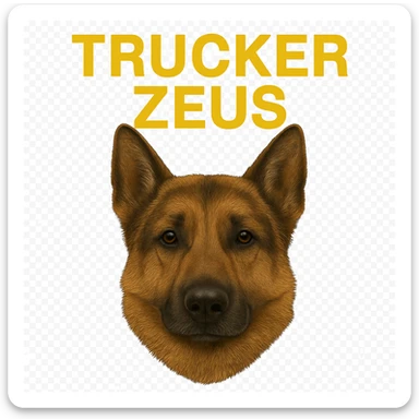 Further compress the image to reduce file size as much as possible while keeping transparency, realistic German Shepherd, and yellow 'Trucker Zeus' text. sticker