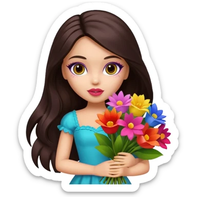  pretty bratz doll with makeup , long dark brown hair holding big bouquet of flowers  sticker