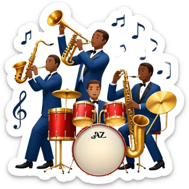 Icon for Jazz Music: The Jazz Messengers, featuring a dynamic composition with Art Blakey on drums and musicians playing saxophone, trumpet, and piano. Musical notes and a warm jazz club atmosphere emphasize the vibrant hard bop style. Transparent background. sticker