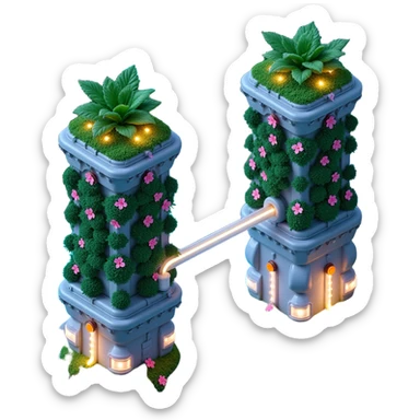 Exterior of a futuristic hydroponic farm with vertical crop towers, neon-lit pipes and glowing water tubes, sleek greenhouse structures sticker