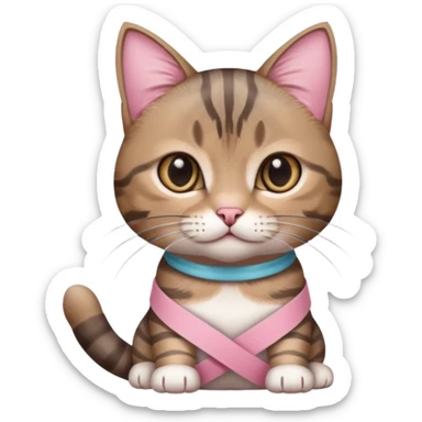 a young female brown and gray tabby cat,with a pink bandage on her front paw, realistic sticker