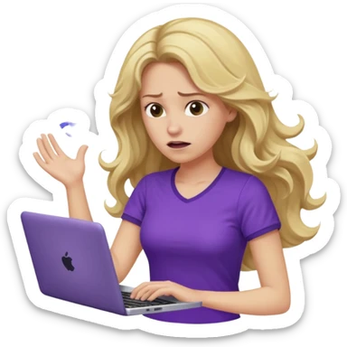 lady with long blonde wavy hair, purple top throwing her with a laptop looking defeated sticker