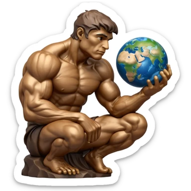 rodins sculpture the thinker but with a planet earth in its hand in a cartoon art style sticker