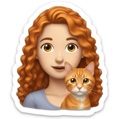 White Girl with long curly brown hair with an orange cat sticker