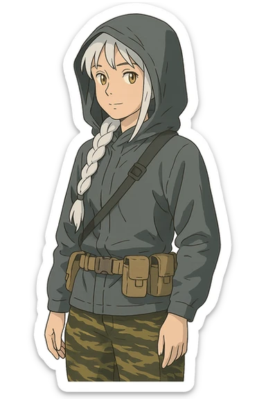 1 female, mid-20's  white hair long braid, gold yellow eyes, gray waterproof tactical shirt hoodie, hood up, single point sling, tan mag pouches on belt rig, tiger stripe camo pants,  sticker