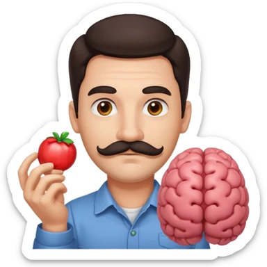 attractive man with dark hair and down turned mustache holding a brain as an emoji sticker
