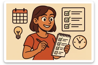 tan woman with brown eyes and brown shoulder length hair, surrounded by productivity icons (calendar, checklist), smiling and focused, modern illustration sticker