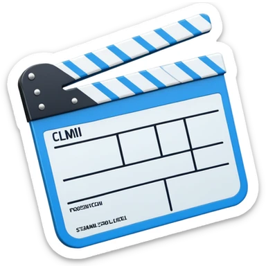 ultra simplified movie clapper with blue and white colors, two simple rectangles with a diagonal line sticker
