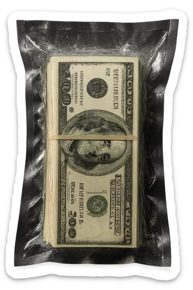 Create a hyper-realistic image of a stack of cash with a rubber band around it, inside a clear, vacuum-sealed plastic bag like retail product packaging. No background. sticker