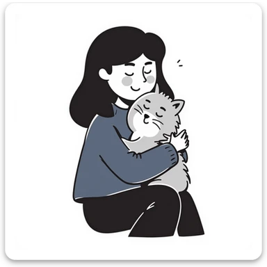 Brunette girl with dark blue sweatshirt snuggling a fluffy grey Siberian cat sticker