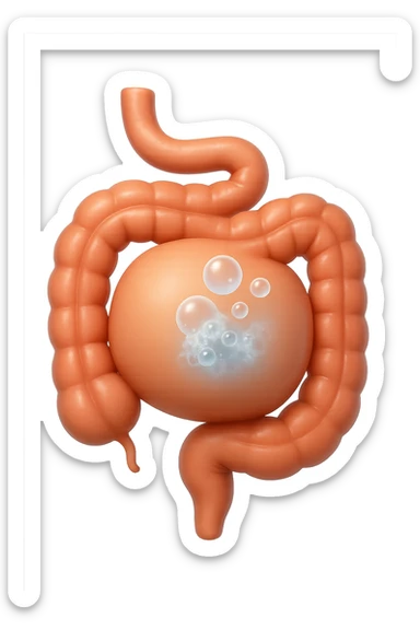 emoji stile iphone di un intestino che ingoia una nuvoletta di aria ben visibile e gli si gonfia la pancia, non fargli il naso, iperrealistico 4k sticker