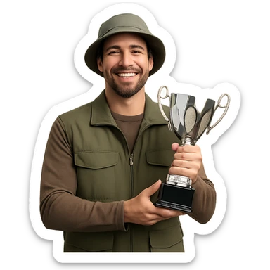 a male fisherman with a trophy cup, smiling, wearing a fishing hat sticker