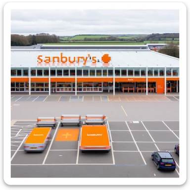 Isometric view of a Sainsbury's supermarket building with orange signage, large glass entrance, shopping trolleys, and car park with parent-child parking spaces sticker