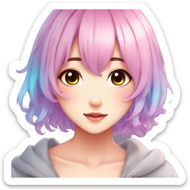 Gorgeous anime style shojo character with blushing face aesthetic and pretty colorful shiny gradient pastel hair trending style sticker