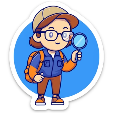 Colorful woman explorer in her 40s with glasses, dark blue and white hiking clothes, backpack, holding magnifying glass sticker