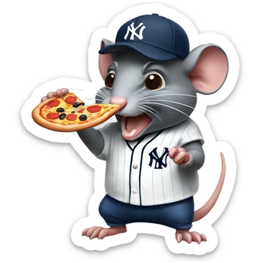 angry rat eating a pizza while wearing New York yankee cap sticker