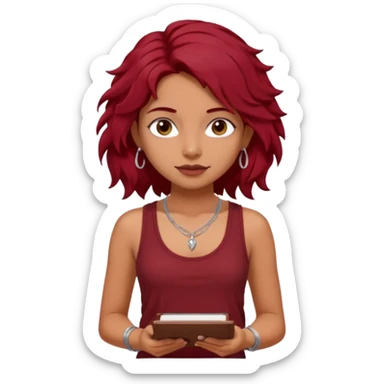 a pretty tan indian bratz girl with messy dark wavyred hair, wearing a dark red tank top, layered silver necklaces. Carrying multiple sketchbooks and pens sticker