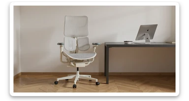 Editorial shot, Make this chair next to desk with mac setup, wooden modern floor, minimalistic room, contrast chair to wall, chair standing front to camera, soft bright light in room sticker