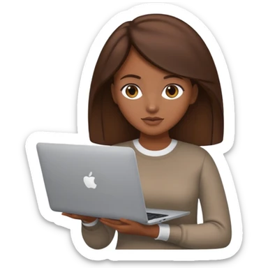 memoji of a brown hair female with a grey laptop in front, apple-style, modern sticker