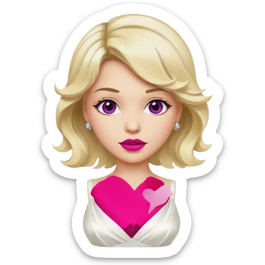 Bride with short wavy blonde hair, hot pink background and white silk chemise dress. Add fuscia background. Add fuscia lipstick sticker