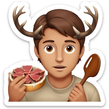 Man with deer antlers eats meat, brown hair sticker