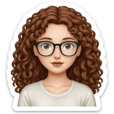 aesthetic white girl with brown, long curly hair, she wears an offwhite top and wears square glasses and her eyes are black sticker