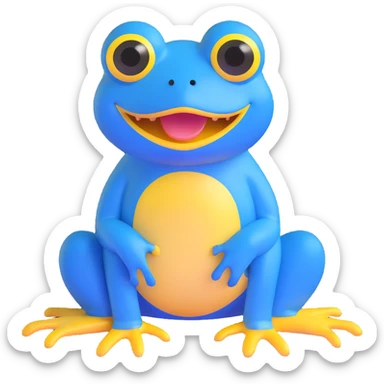 blue frog with a big yellow mouth and wide eyes, sitting, looks silly and sweet, suitable for kids, daily expression, circle time helper sticker