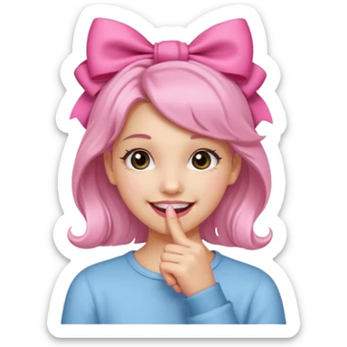 Chica sonriendo con un lazo rosa en la cabeza y mordiendose la punta del dedo indice con delicadeza y la otra mano que no salga sticker