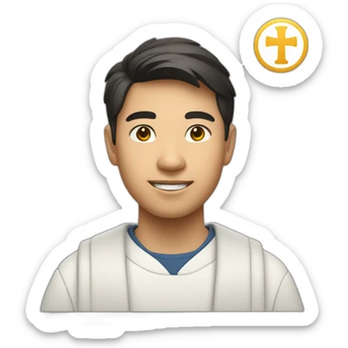 Male Catholic Asian Berkeley student with cross and Berkeley logo sticker