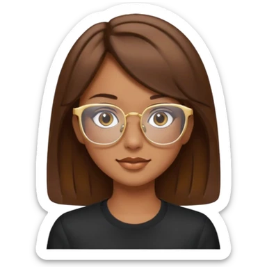 a girl with brown hair, slightly tanned skin and large square gold glasses sticker