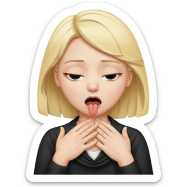 blond girl choking herself, hands around neck, one eye open, one eye closed, mouth wide open sticker